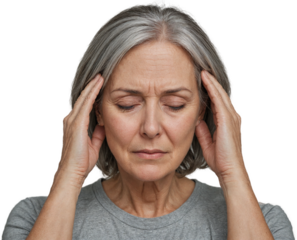 Senior woman suffering from headache, putting her hands on temples, transparent background