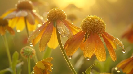 Fototapeta premium Ethereal Morning Dew: Helenium Flowers at Dawn - Convey the tranquil beauty of helenium flowers in the early morning light, with dewdrops delicately adorning each petal.