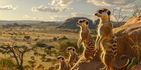 A group of meerkats standing on their hind legs, looking out over the desert landscape in southern...