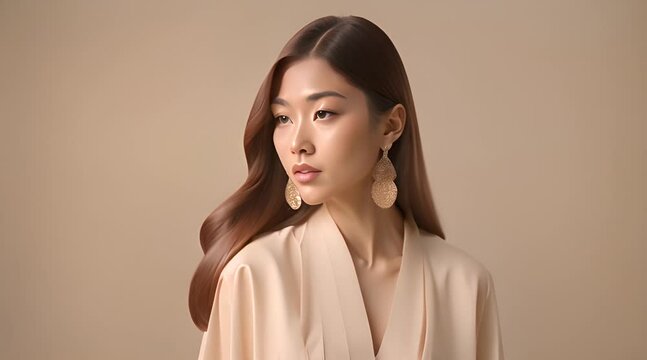 Young Asian beauty woman model long hair with korean makeup style on face and perfect skin on isolated beige background