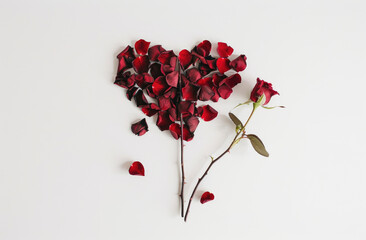 A heart shape made of red rose petals with one flower stem, isolated on a white background