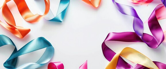 Bright colored satin ribbons are beautifully woven on a light background. There is a free place for inscription,Abstract Background. Smooth flowing lines, blurred waves, rainbow color style stripes