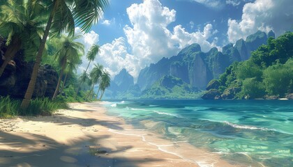Tropical beaches offer a paradise-like setting with palm-fringed shores, crystal-clear waters, and lush vegetation - obrazy, fototapety, plakaty