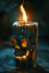 Burning skull candle, flickering flame, shadowy room, macabre feel, lifelike detail , 8K , high-resolution, ultra HD,up32K HD