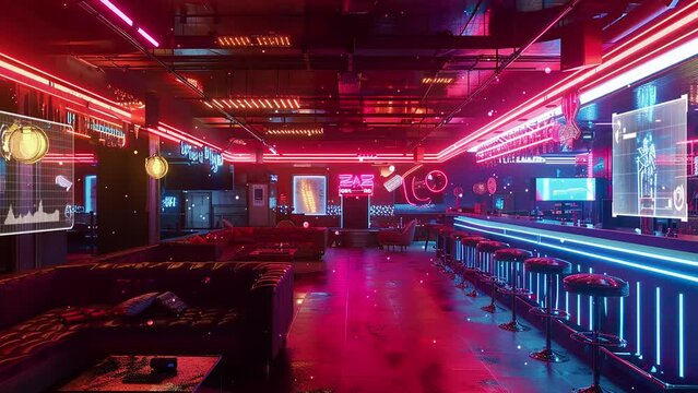 a highly detailed 3D render of a cyberpunk nightclub. seamless looping overlay 4k virtual video animation background