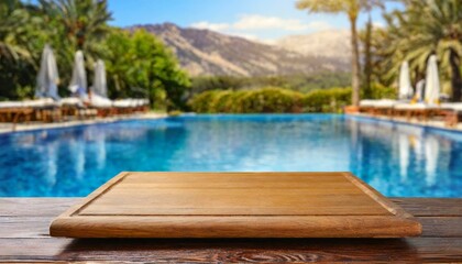 Poolside Elegance: Empty Table Against Summer Blurred Background