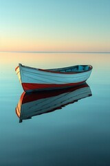 Small boat alone on still water, realistic reflections, serene mood, clear day , 8K , high-resolution, ultra HD,up32K HD