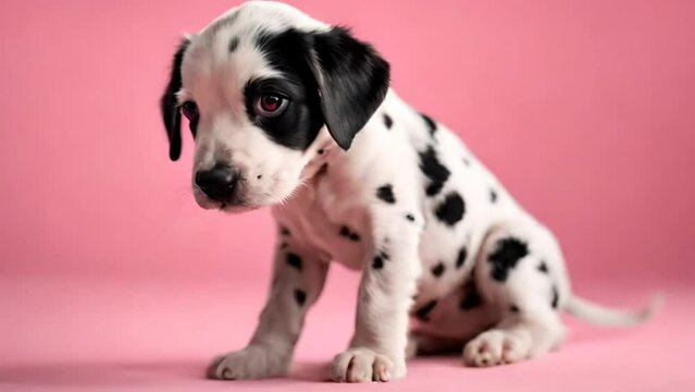 Dalmatian puppy on pink background 
