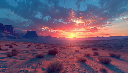 Desert landscapes at sunset offer a unique blend of colors and textures, with sand dunes, rock...