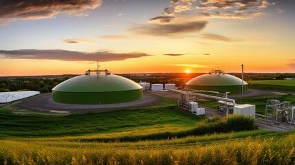 Fototapeta na wymiar Biogas Plant in Rural Area at Sunset 