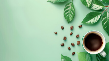 A flat lay composition of coffee cup surrounded by leaves on green surface, perfect as a banner with blank space
