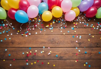 Balloons and confetti on wooden floor. Colorful balloons scattered on a wooden floor. This image exudes a festive and cheerful atmosphere, making it a perfect fit for celebrations, parties, and fun - 778657532