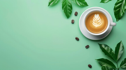 An expertly poured latte art on a coffee cup surrounded by green foliage and coffee beans makes a...