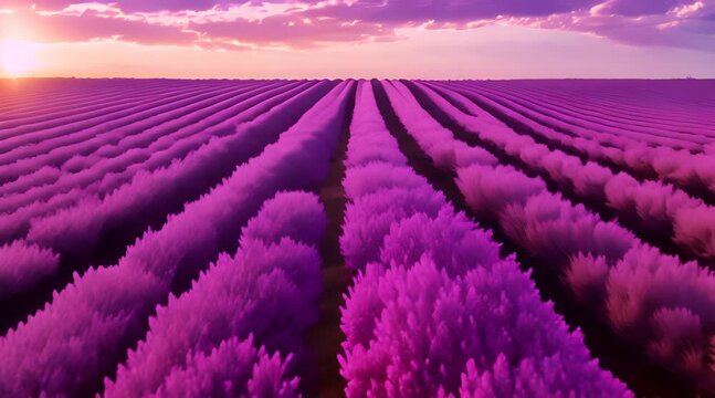 Lavender field and blooming endless rows during beautiful dramatic sunset