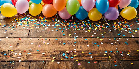 Balloons and confetti on wooden floor. Colorful balloons scattered on a wooden floor. This image exudes a festive and cheerful atmosphere, making it a perfect fit for celebrations, parties, and fun