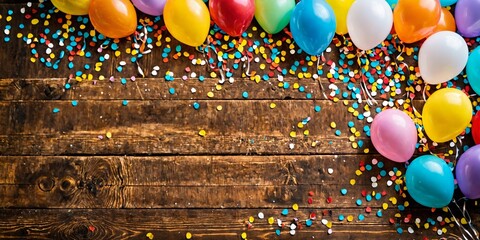 Balloons and confetti on wooden floor. Colorful balloons scattered on a wooden floor. This image exudes a festive and cheerful atmosphere, making it a perfect fit for celebrations, parties, and fun - 778658597