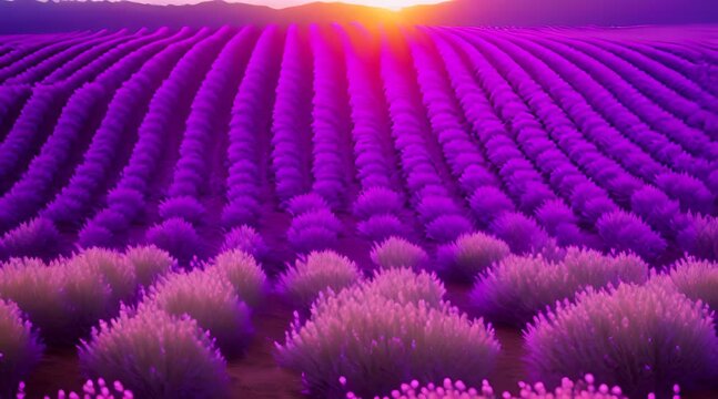 Lavender field and blooming endless rows during beautiful dramatic sunset