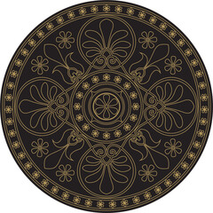 Vector gold with black classic Greek round ornament. Circle of Ancient Greece and the Roman Empire. Byzantine painting of walls, floors and ceilings. Decoration of European palaces
