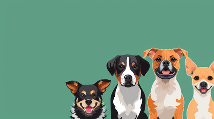 A playful illustration of a group of four dogs, with one dog's face artistically blurred out for...