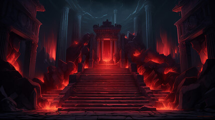 Mystical ancient temple with steps made of stone on red illustration background - obrazy, fototapety, plakaty