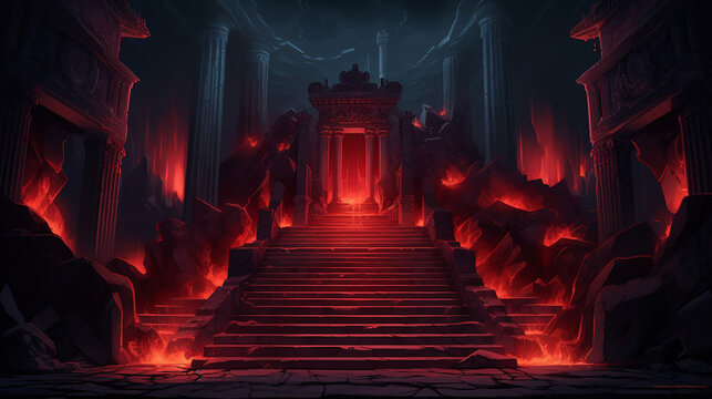Mystical ancient temple with steps made of stone on red illustration background
