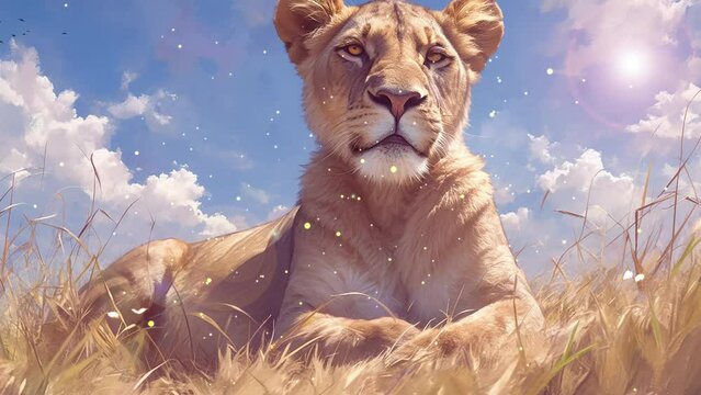 wildlife nature background. hyper-realistic 2D render of a lioness resting. seamless looping overlay 4k virtual video animation background
