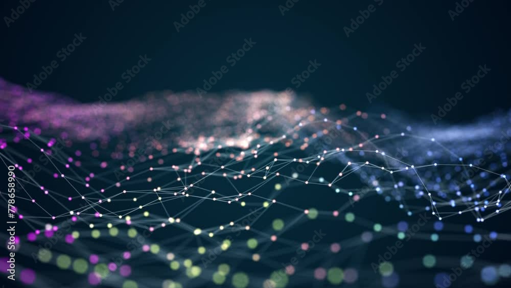 Wall mural motion graphic of blue dot and line mesh connection with polygonal technology abstract background