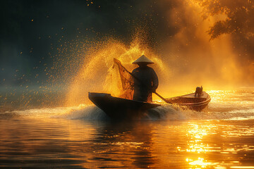 Asia fisherman in river at sunset 