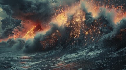 Fusion of Fire and Water, Volcanic Eruption Overlapping with Ocean Waves, Summer Concept. - obrazy, fototapety, plakaty