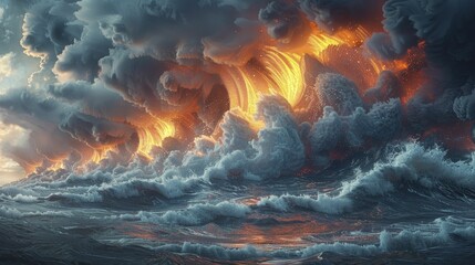 Witness the mesmerizing dance of elements as molten lava meets the cool embrace of ocean waves in a vibrant summer spectacle. - obrazy, fototapety, plakaty