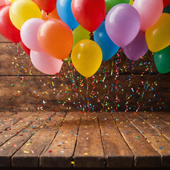 Balloons and confetti on wooden floor. Colorful balloons scattered on a wooden floor. This image exudes a festive and cheerful atmosphere, making it a perfect fit for celebrations, parties, and fun - 778659105