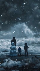 Rare Winter Delight: Family Building Snowman on a Beach During Uncommon Snowstorm
