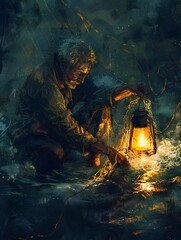 Nighttime Net Mending: A Fisherman's Devoted Rhythm Under the Guiding Lantern's Glow