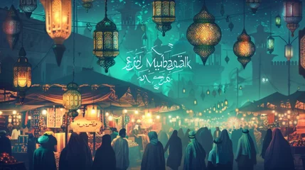 Foto op Aluminium a vibrant shade of teal, set against the backdrop of a bustling night market filled with colorful lanterns, overflowing stalls, and joyous crowds. © khoobi's ART