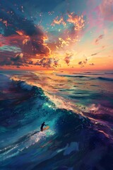 Lone Surfer Embracing Dawn's Vibrant Embrace on the Ocean - obrazy, fototapety, plakaty