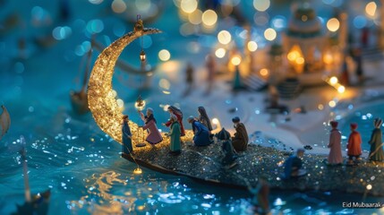 Tiny people in traditional clothing gather for prayers on a crescent moon-shaped landmass. Sparkling lights illuminate the miniature cities, and  - obrazy, fototapety, plakaty