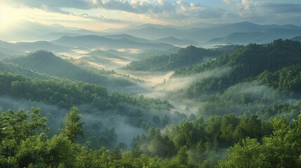Exploring the tranquil allure of Misty Mountains and Morning Dew, a symphony of summer's invigorating essence unfolds. - obrazy, fototapety, plakaty