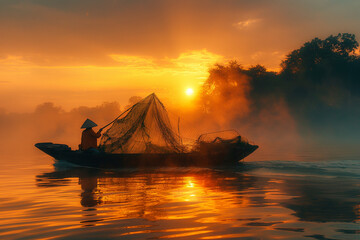 Asia fisherman net using on wooden boat casting net in the Mekong river at sunset  - obrazy, fototapety, plakaty