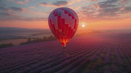 Experience the tranquility of lavender fields from up high on a hot air balloon, capturing the essence of summer below. - obrazy, fototapety, plakaty
