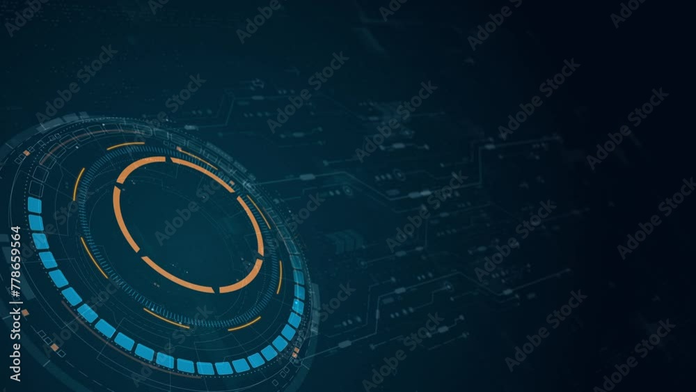 Poster motion graphic of blue digital circle futuristic hud elements with flowing arrows with rotation circ
