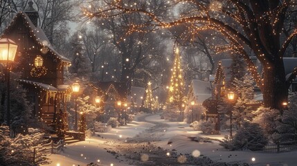 Experience the enchanting glow of Christmas lights dancing in the snowy nights, where the magic of winter is beautifully illuminated. - obrazy, fototapety, plakaty