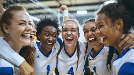 Women of various backgrounds on a volleyball team, celebrating a point, emphasizing unity and...