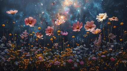 Fototapeta na wymiar Swirling Galaxy and Blooming Flowers, Cosmic Summer Nights Photography Backdrop