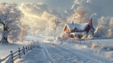 Explore the picturesque charm of snow-dusted farmhouses amidst frosty mornings in the serene rural winter landscape. - obrazy, fototapety, plakaty