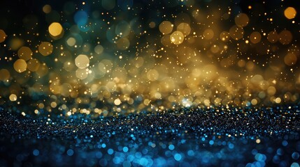  Dark Blue and Gold Particle Abstract Background Illuminated by Golden Light, Sparkling Particles Bokeh, Navy Blue with Glimmering Gold Foil Texture - A Festive Holiday Concept - obrazy, fototapety, plakaty