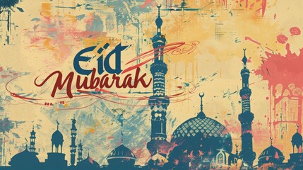 Vintage style colorful photo of Eid poster background with the text  Eid Mubarak