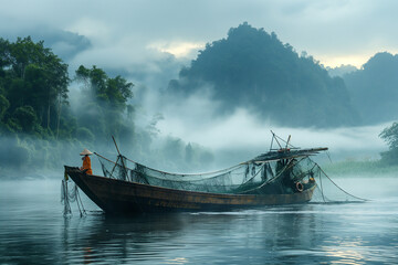 Asian fishermen dry their nets on wooden boats at dawn on the river - obrazy, fototapety, plakaty