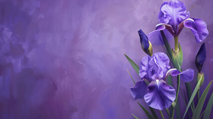 A high-resolution image displaying beautiful purple iris flowers against a textured violet backdrop, symbolizing elegance and artistry