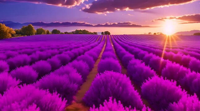Lavender field and blooming endless rows during beautiful dramatic sunset