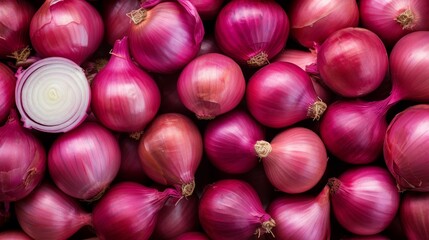 Collection of red onion background. Healthy eating and diet food concept. Whole and sliced vegetable composition and design element. Top view, flat lay - obrazy, fototapety, plakaty